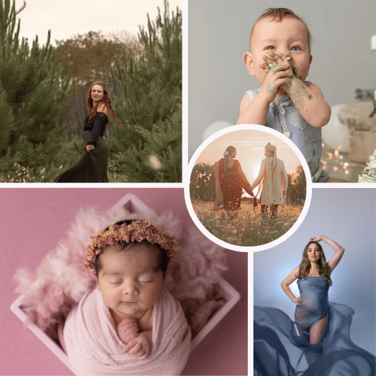Séance photo anniversaire, portrait de femmes en extérieur, couple en extérieur, bébé emmailloté, femme enceinte.