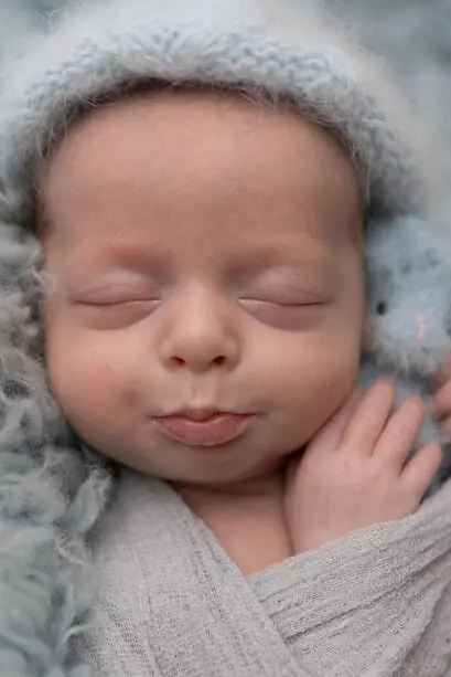 Bébé emmailloté avec peluche dans les bras. Dans les tons gris-bleus.
