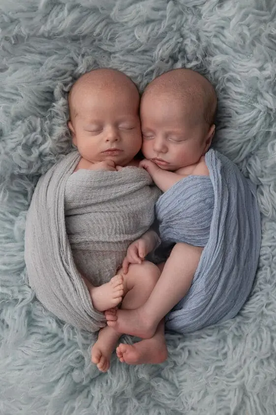 Deux bébés emmaillotés très proches l’un de l’autre, se touchant et formant un duo, dans des tons gris-bleus.