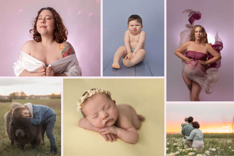 Montage photos avec photos de grossesse, de naissance, de famille, d'enfants, de femme dans les tons rose, bleu, jaune.